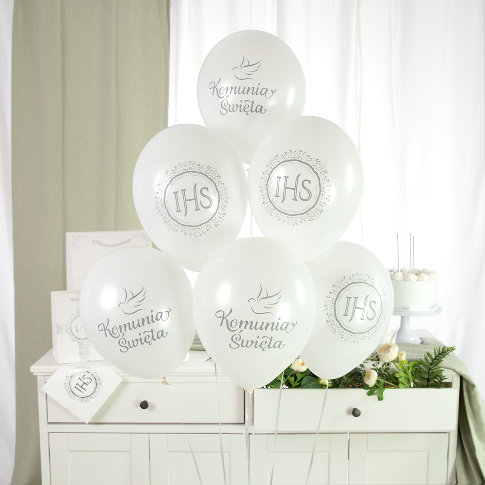 Balony komunijne lateksowe ze srebrnymi napisami IHS i Komunia Święta