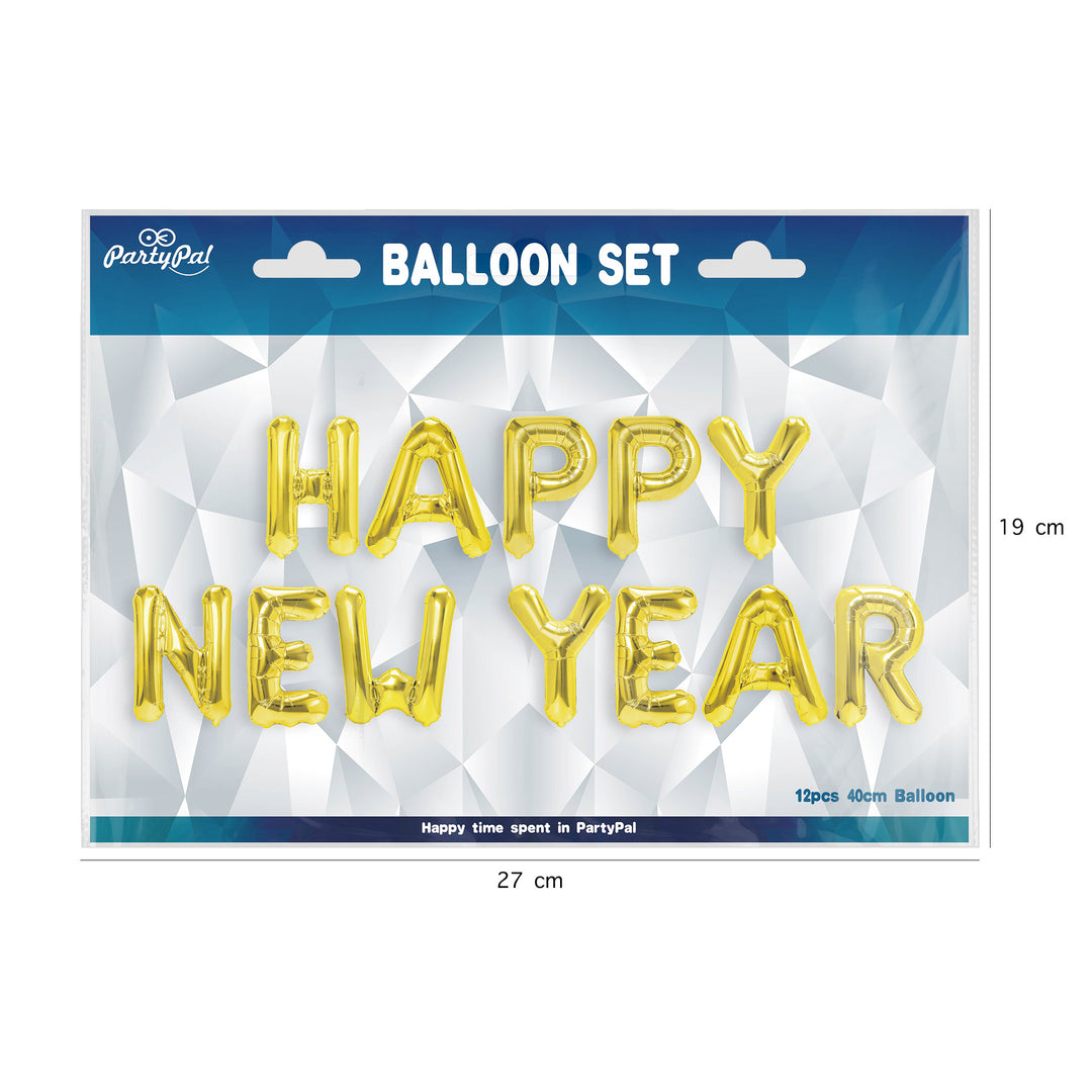Balon foliowy napis Happy New Year złoty 40cm zestaw