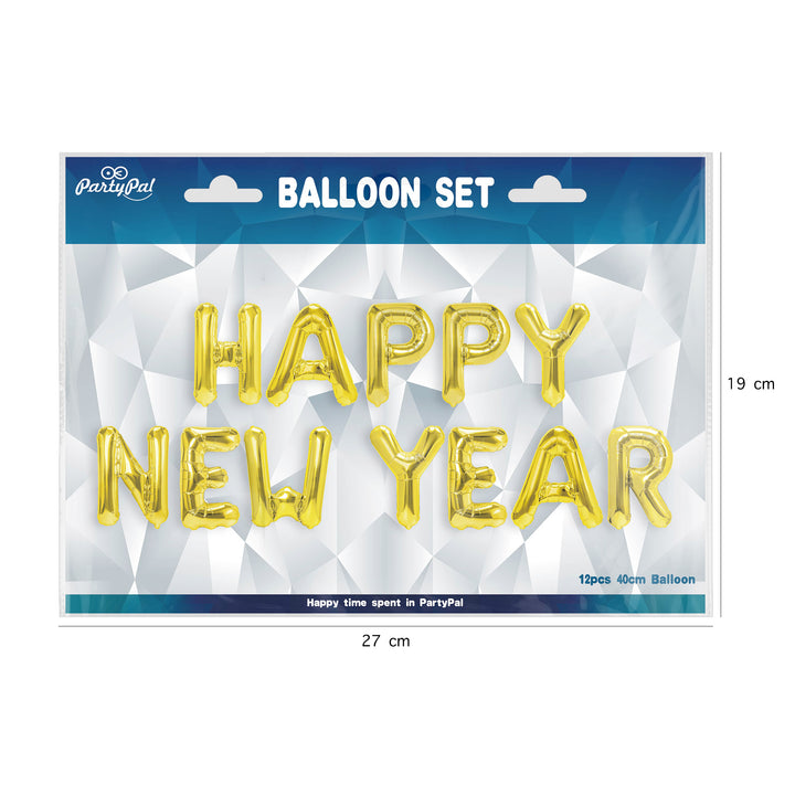 Balon foliowy napis Happy New Year złoty 40cm zestaw