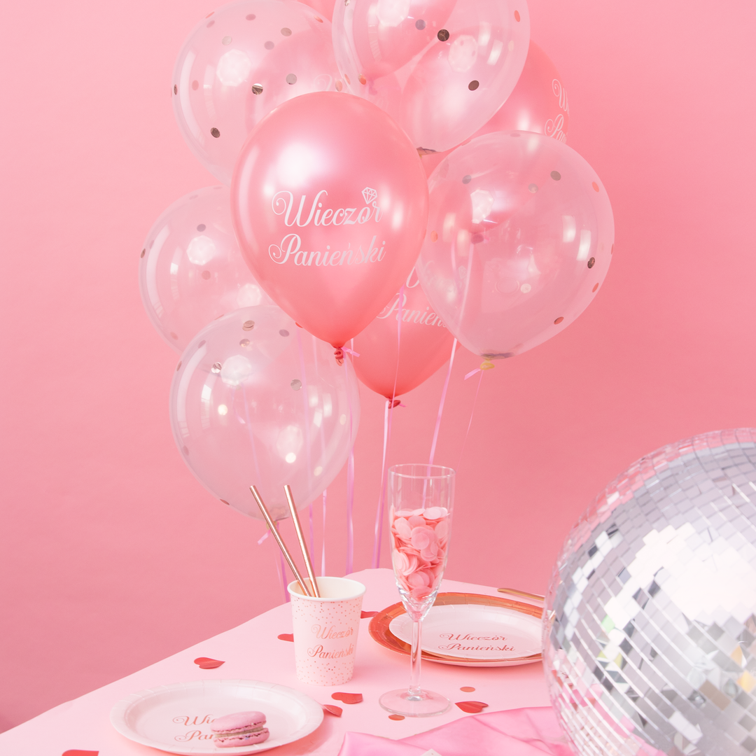 Balony biodegradowalne Wieczór Panieński rose gold z konfetti 12 cali 10 szt. zestaw