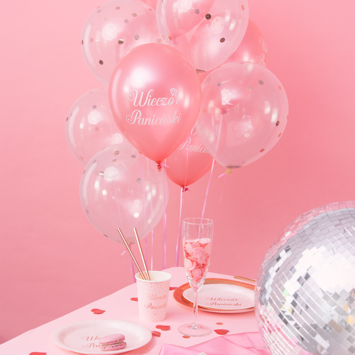 Balony biodegradowalne Wieczór Panieński rose gold z konfetti 12 cali 10 szt. zestaw