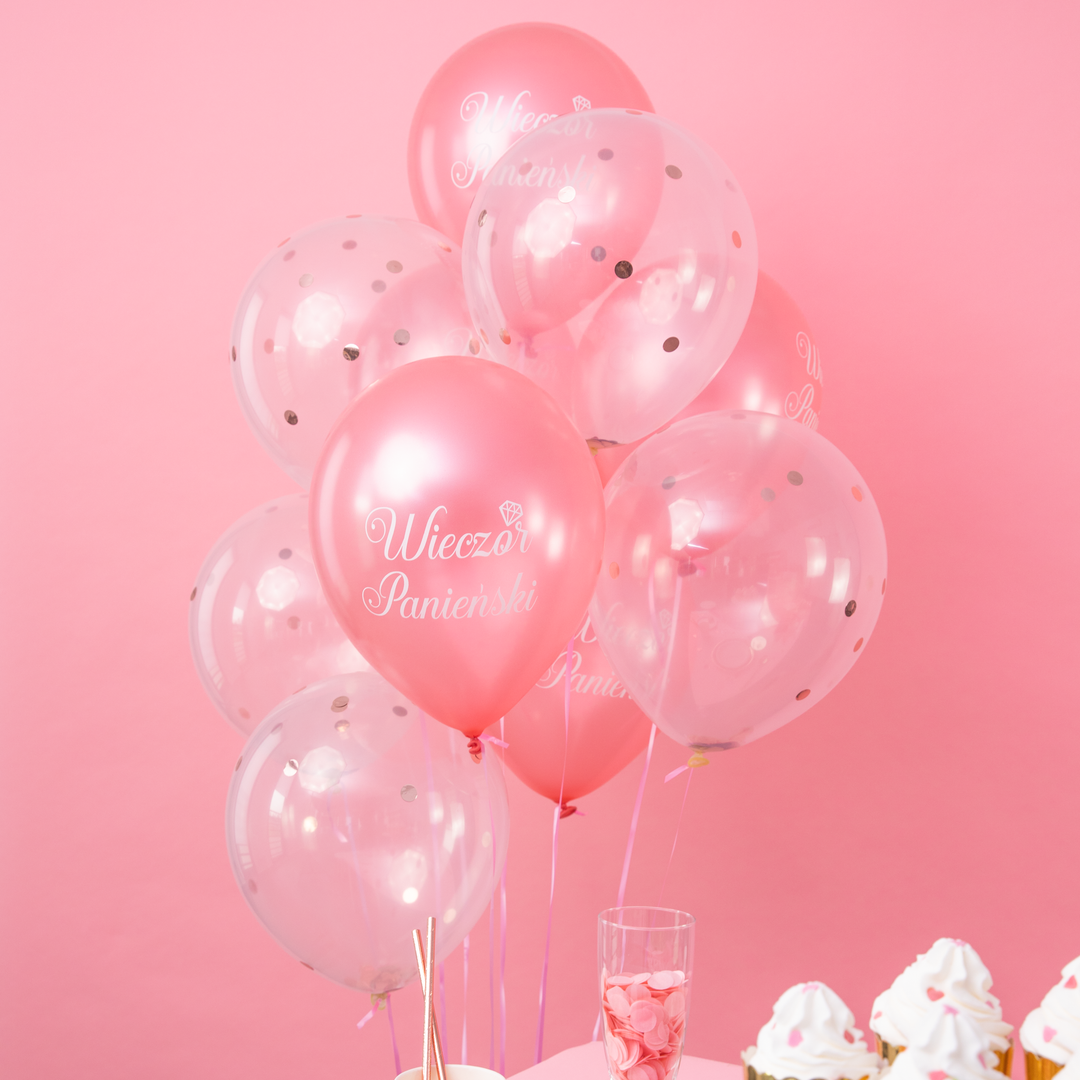 Balony biodegradowalne Wieczór Panieński rose gold z konfetti 12 cali 10 szt. zestaw