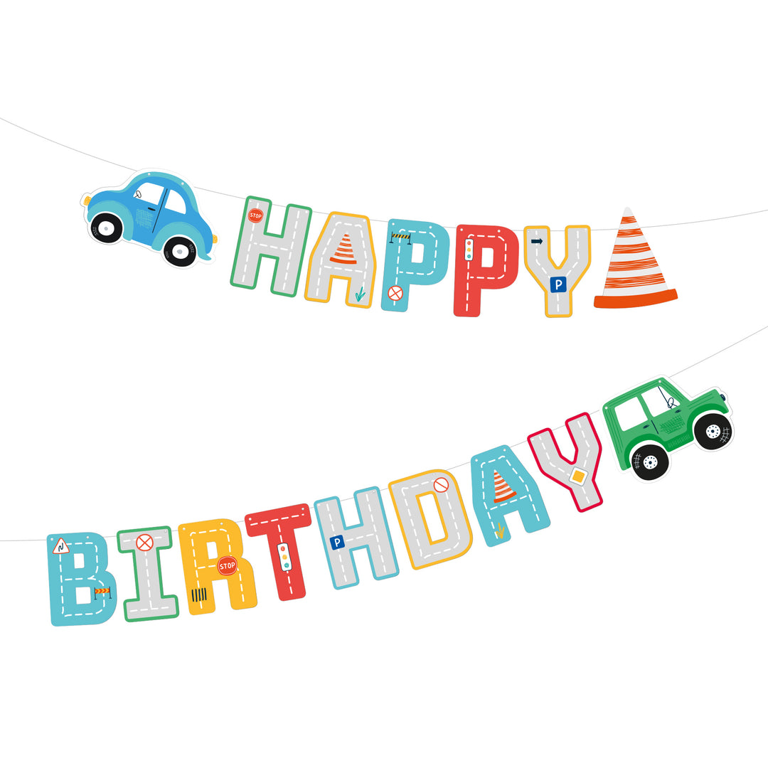 Baner urodzinowy z kolekcji Auta z kolorowym napisem Happy Birthday