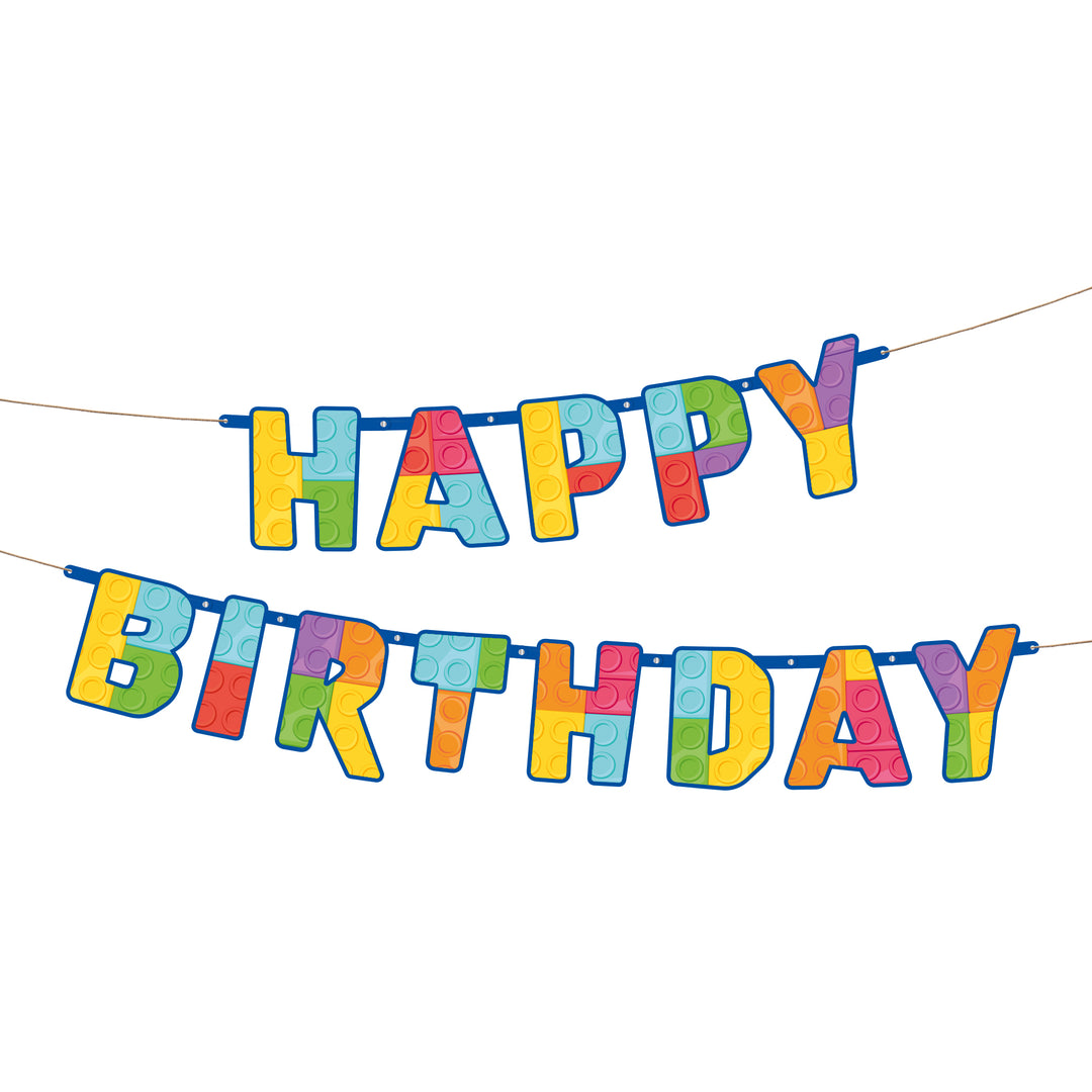 Kolorowy baner Happy Birthday z kolekcji Klocki na białym tle