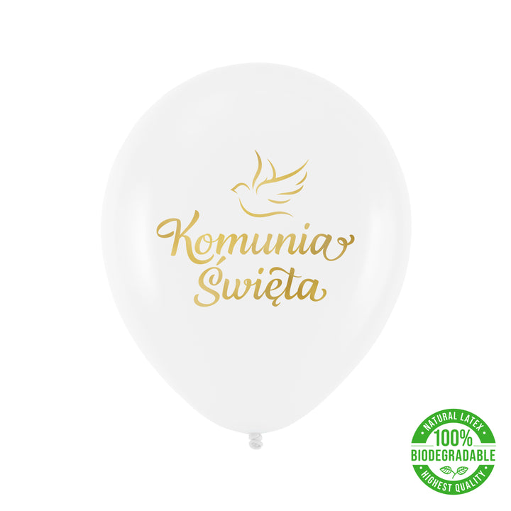 Balony komunijne biodegradowalne Komunia Święta biało-złote 12cali 100szt.