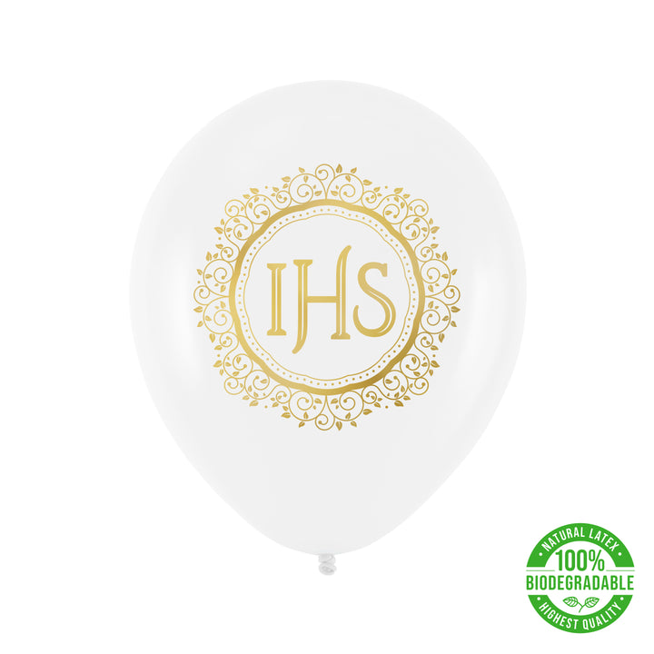 Balony komunijne biodegradowalne IHS biało-złote 12cali 100szt.