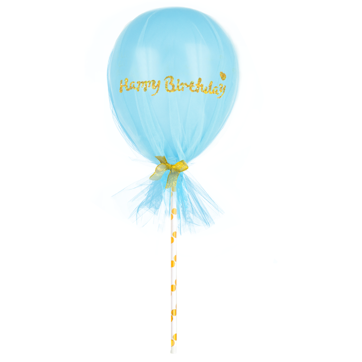 Balon Happy Birthday niebieski z tiulem 5cali zestaw