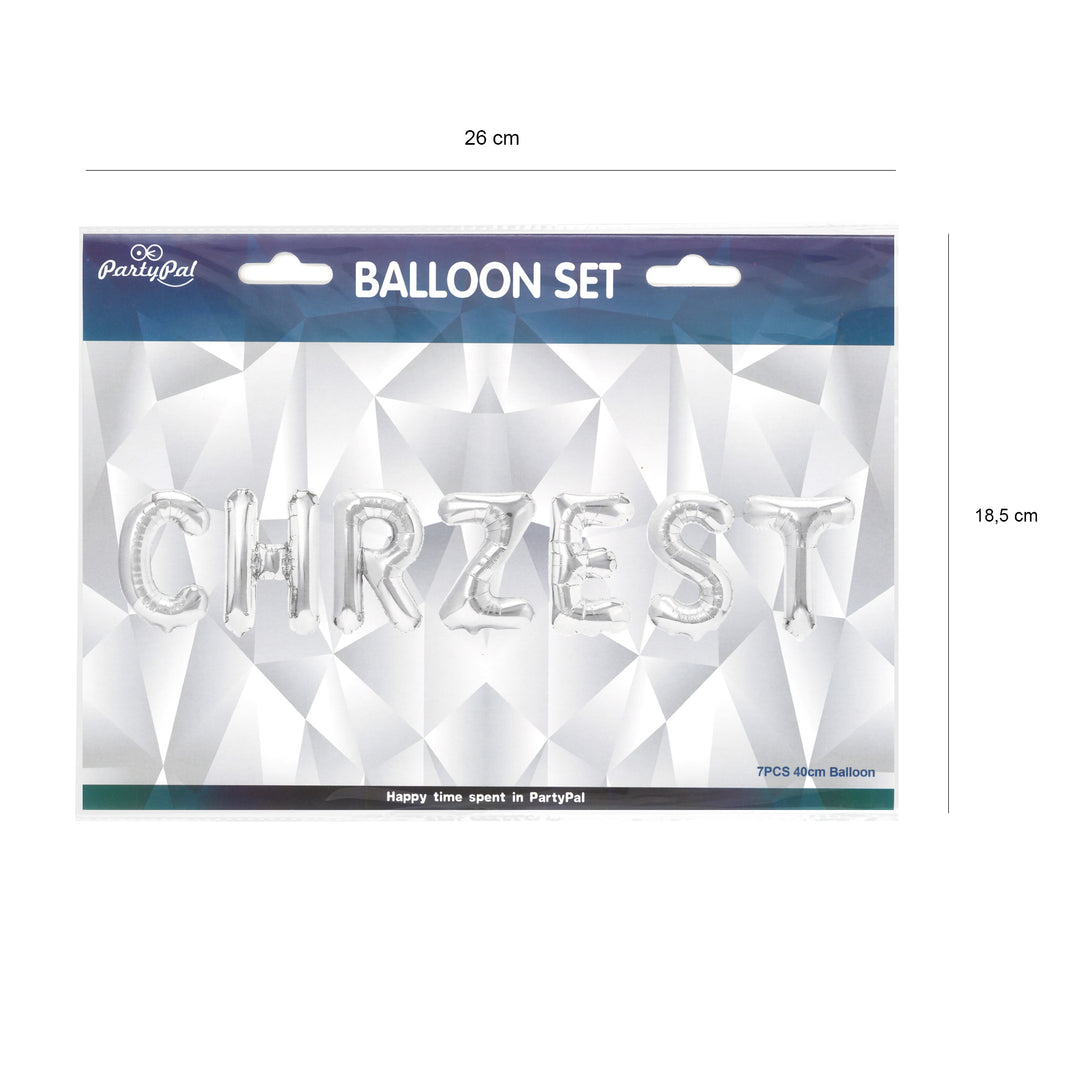 Balon foliowy napis Chrzest srebrny zestaw