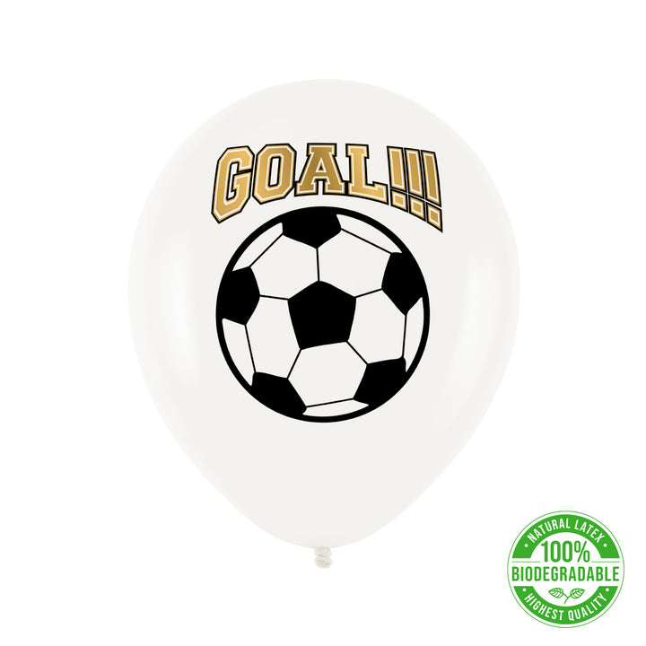 Balon biodegradowalny biały z piłką nożną biało-czarną i złotym napisem Goal!!!