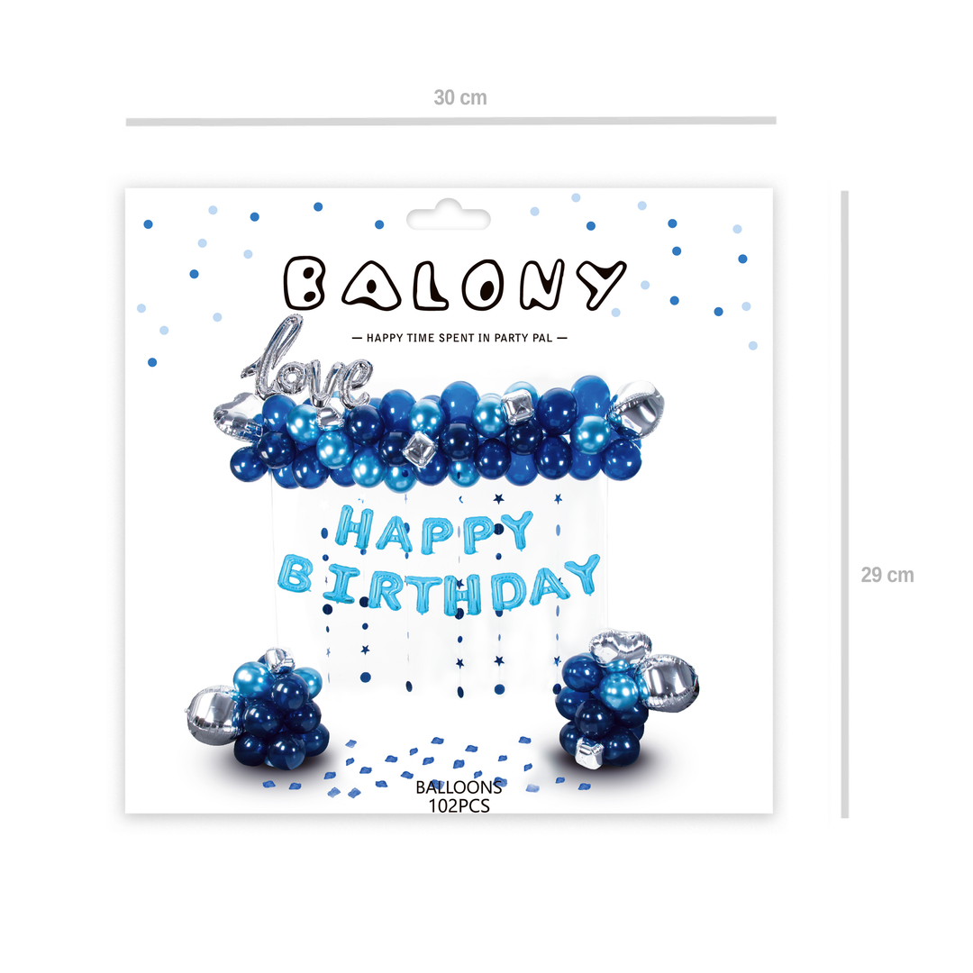 Zestaw balonów Happy Birthday niebiesko srebrnych 102szt.