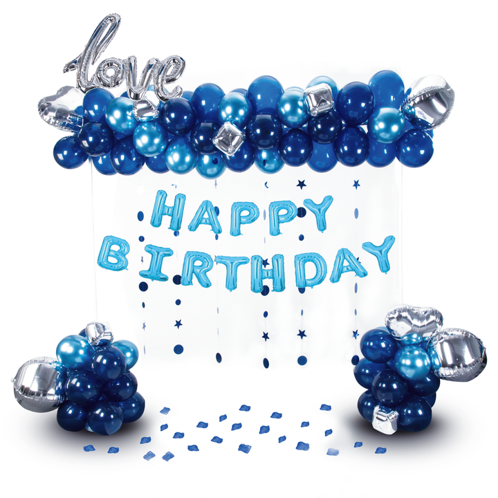 Zestaw balonów Happy Birthday niebiesko srebrnych 102szt.