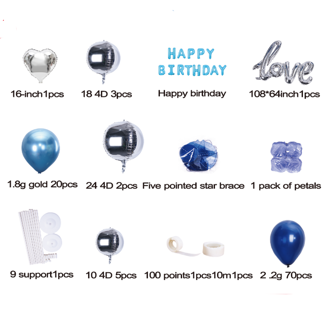 Zestaw balonów Happy Birthday niebiesko srebrnych 102szt.