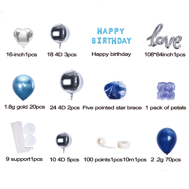 Zestaw balonów Happy Birthday niebiesko srebrnych 102szt.