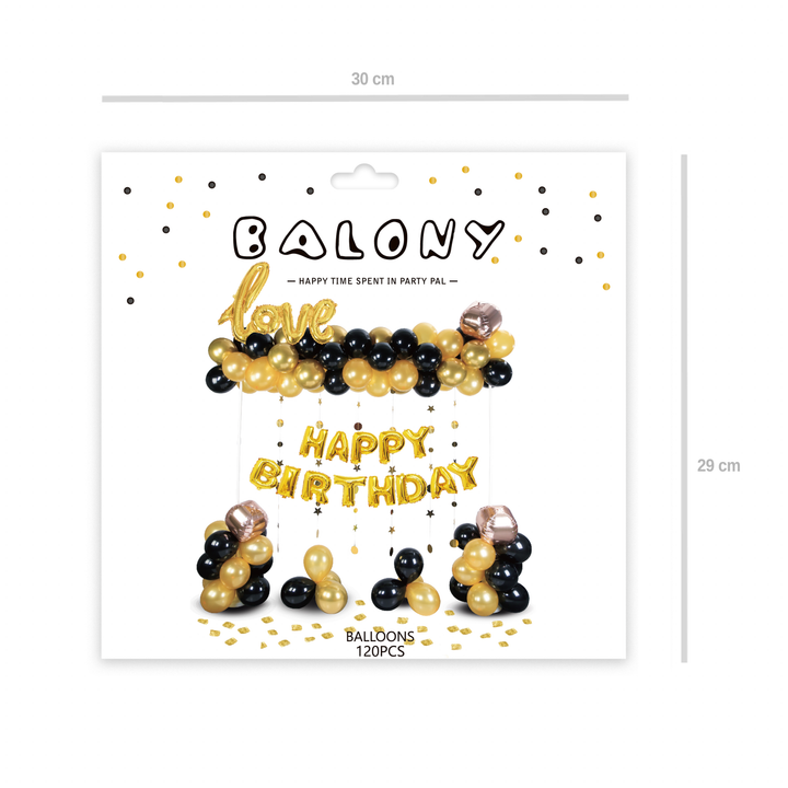 Zestaw balonów Happy Birthday złoto czarnych 120szt