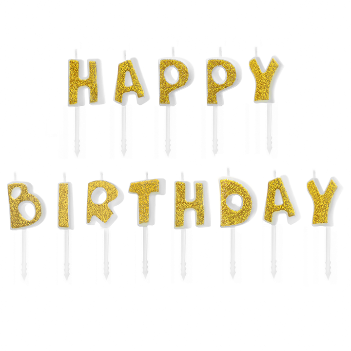 Świeczki urodzinowe napis Happy Birthday złote brokat