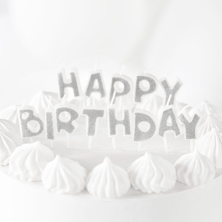 Świeczki urodzinowe napis Happy Birthday srebrne brokat
