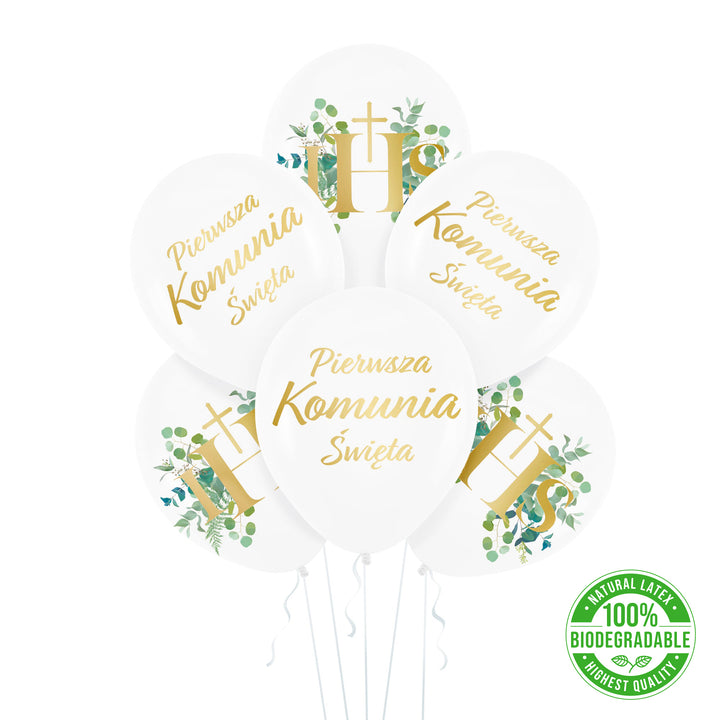 Balony komunijne biodegradowalne Komunia Święta IHS Eukaliptus 12cali 6szt. zestaw