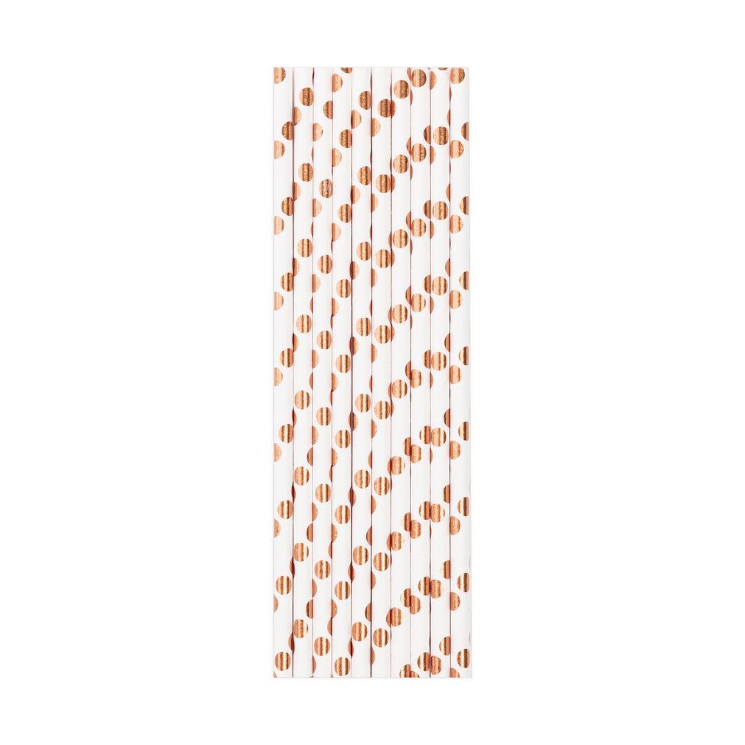 Słomki białe w kropki rose gold 10szt.