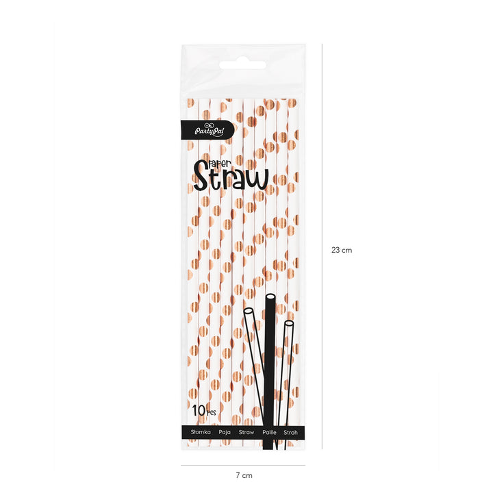 Słomki białe w kropki rose gold 10szt.