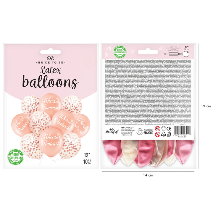 Balony biodegradowalne Wieczór Panieński rose gold z konfetti 12 cali 10 szt. zestaw