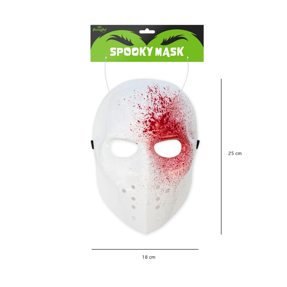 Maska Halloween Piątek 13 rozbryzgana krew z etykietą