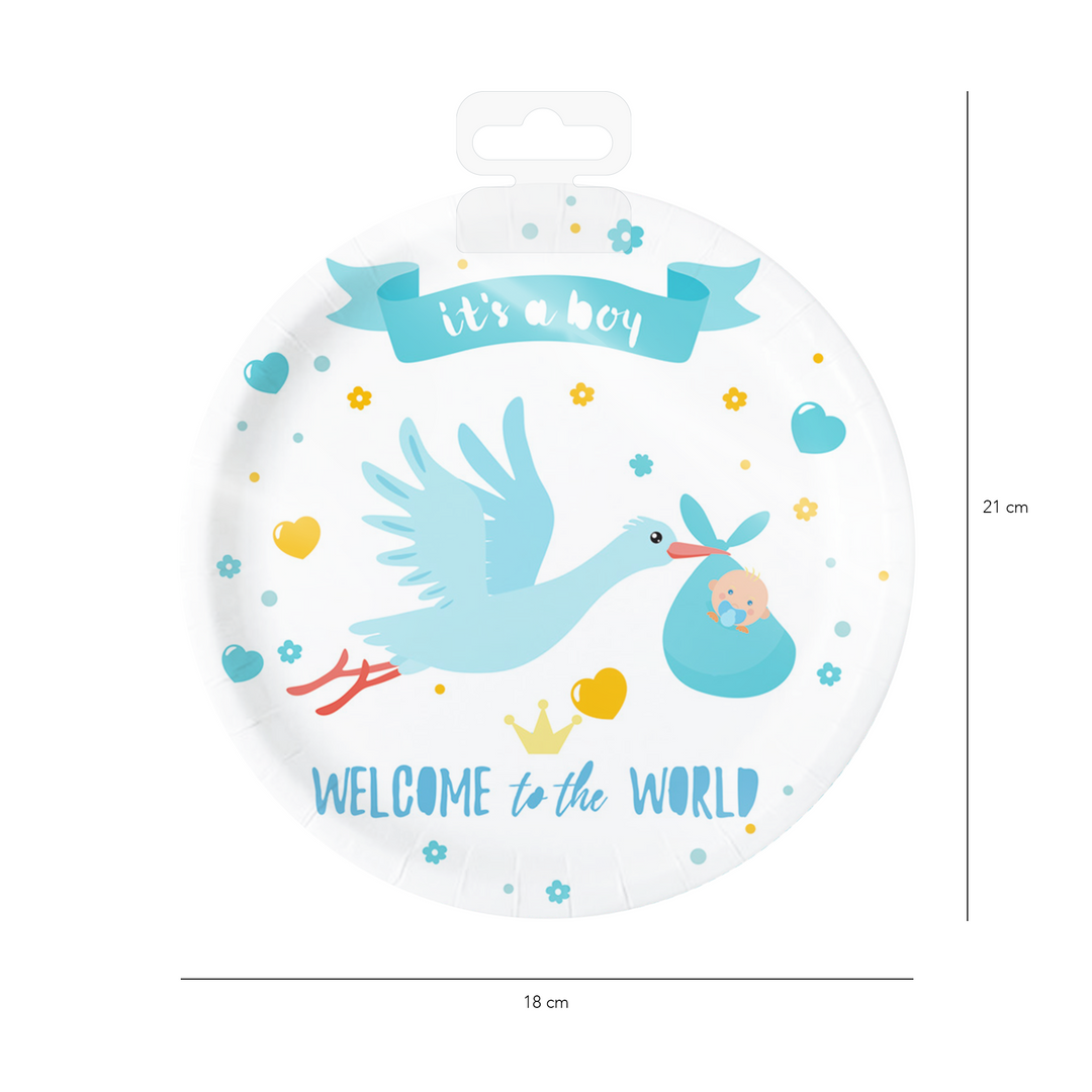 Talerzyk papierowy Baby Shower Bocian niebieski 7cali 6szt.