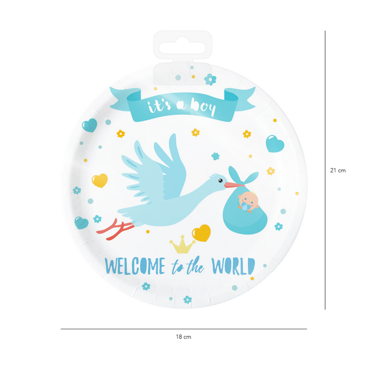 Talerzyk papierowy Baby Shower Bocian niebieski 7cali 6szt.