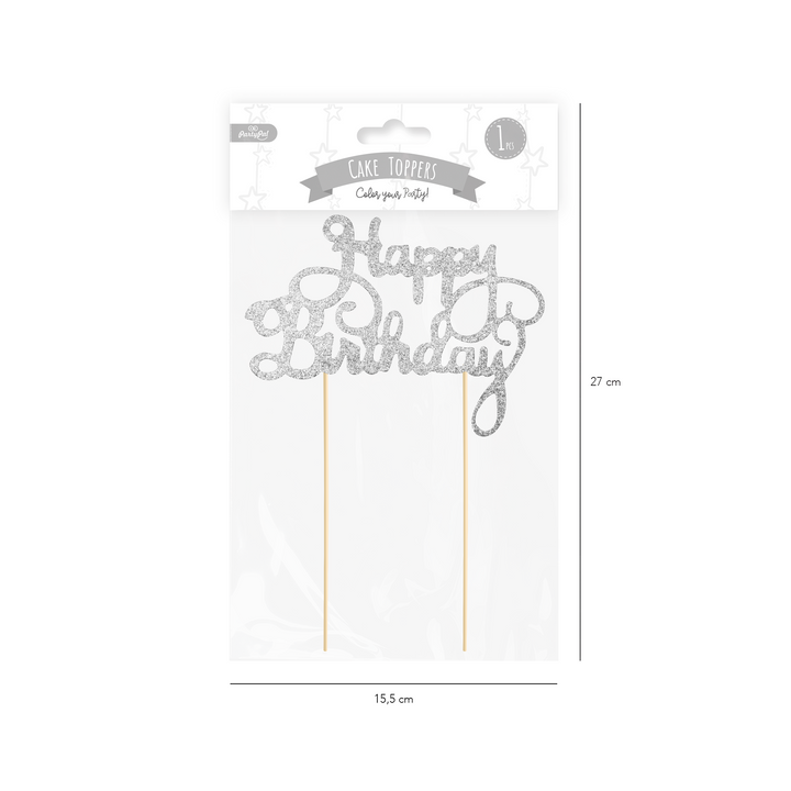 Topper na tort Happy Birthday brokatowy srebrny 1szt.