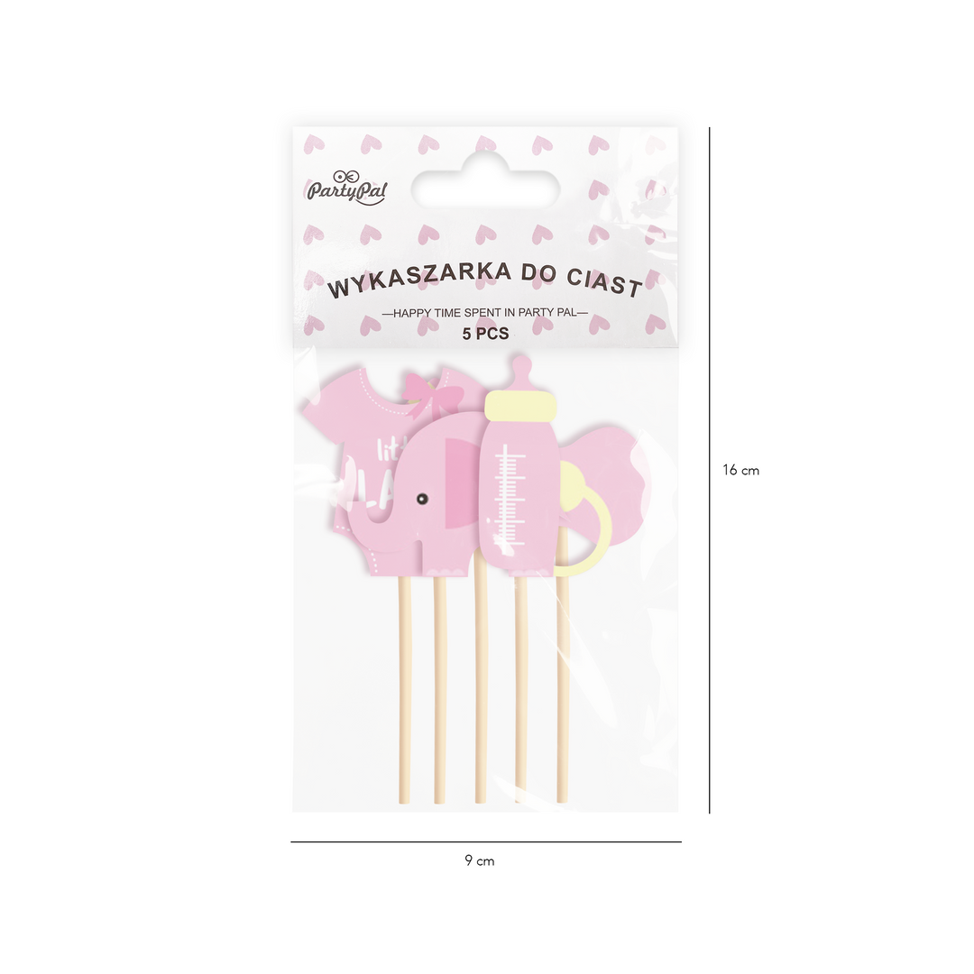 Toppery na tort Baby Shower Słonik różowe 5szt.