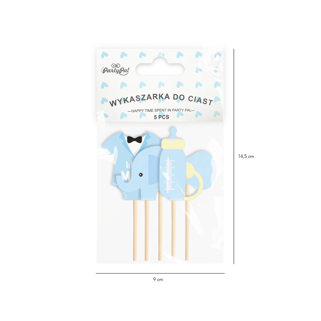 Toppery na tort Baby Shower Słonik niebieskie 5szt.