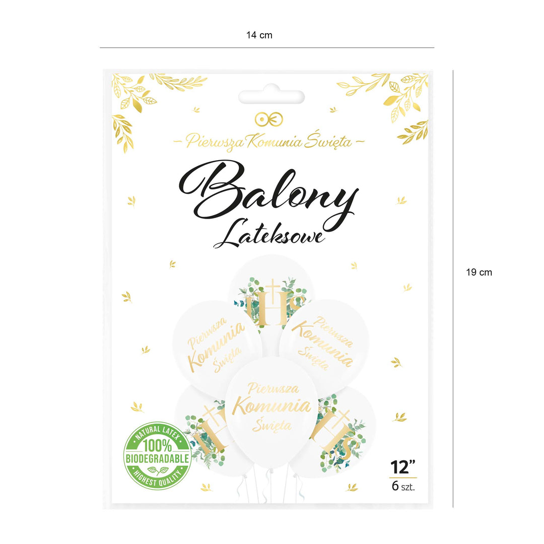 Balony komunijne biodegradowalne Komunia Święta IHS Eukaliptus 12cali 6szt. zestaw