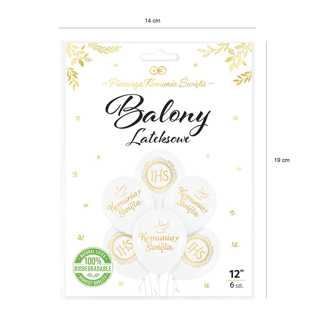 Balony komunijne biodegradowalne Komunia Święta IHS biało-złote 12cali 6szt. zestaw