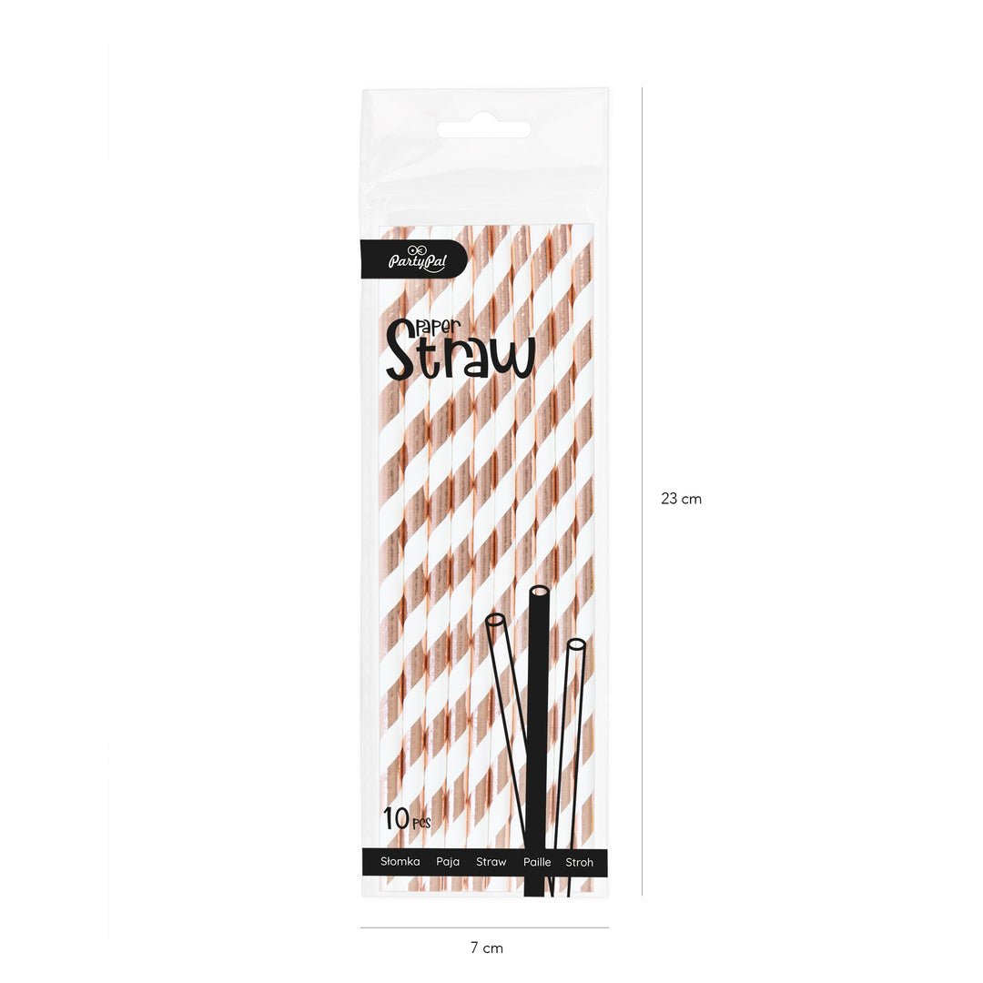 Słomki białe w paski rose gold 10szt.