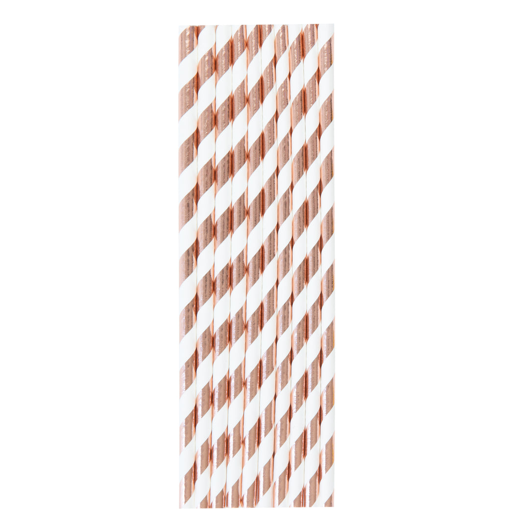 Słomki białe w paski rose gold 10szt.