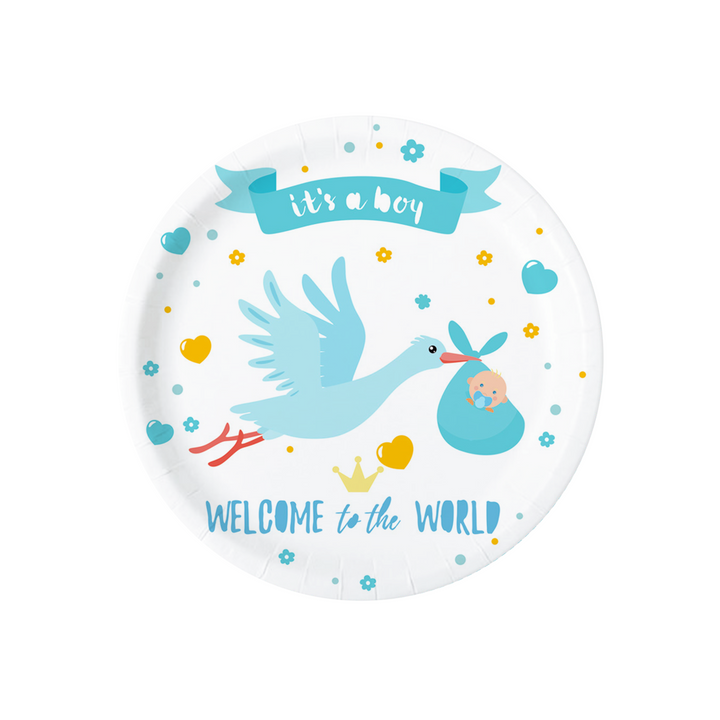 Talerzyk papierowy Baby Shower Bocian niebieski 7cali 6szt.