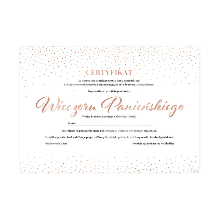 Certyfikat Wieczór Panieński rose gold