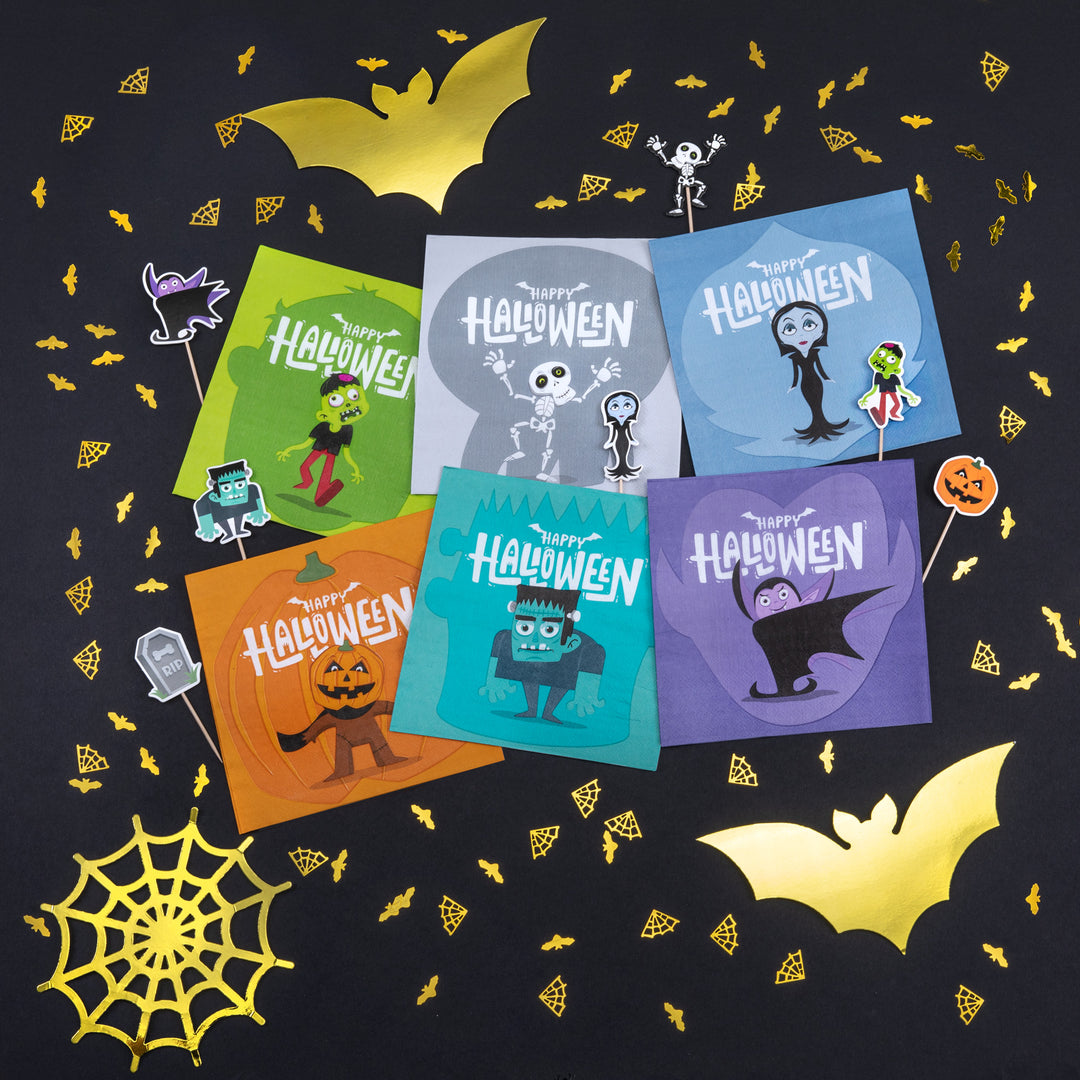 Serwetki i toppery na tort Halloween MonstersNa na czarnym tle ze złotym konfetti