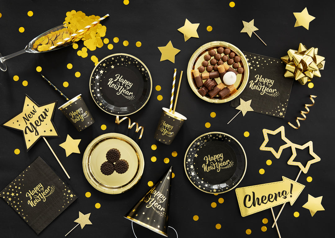 Talerzyk papierowy Happy New Year czarny 7cali 6szt.