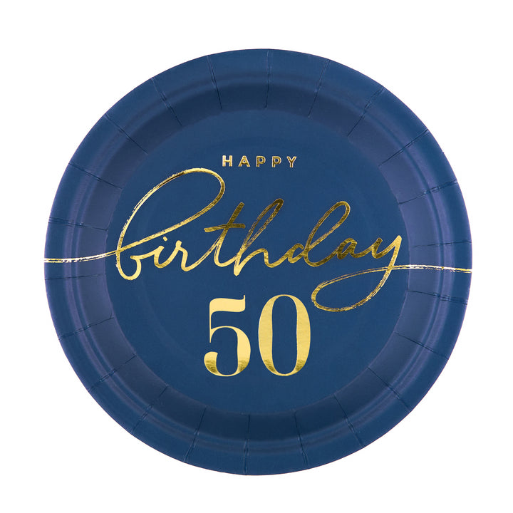 Talerzyk papierowy Happy Birthday 50 granatowy 7cali 6szt.