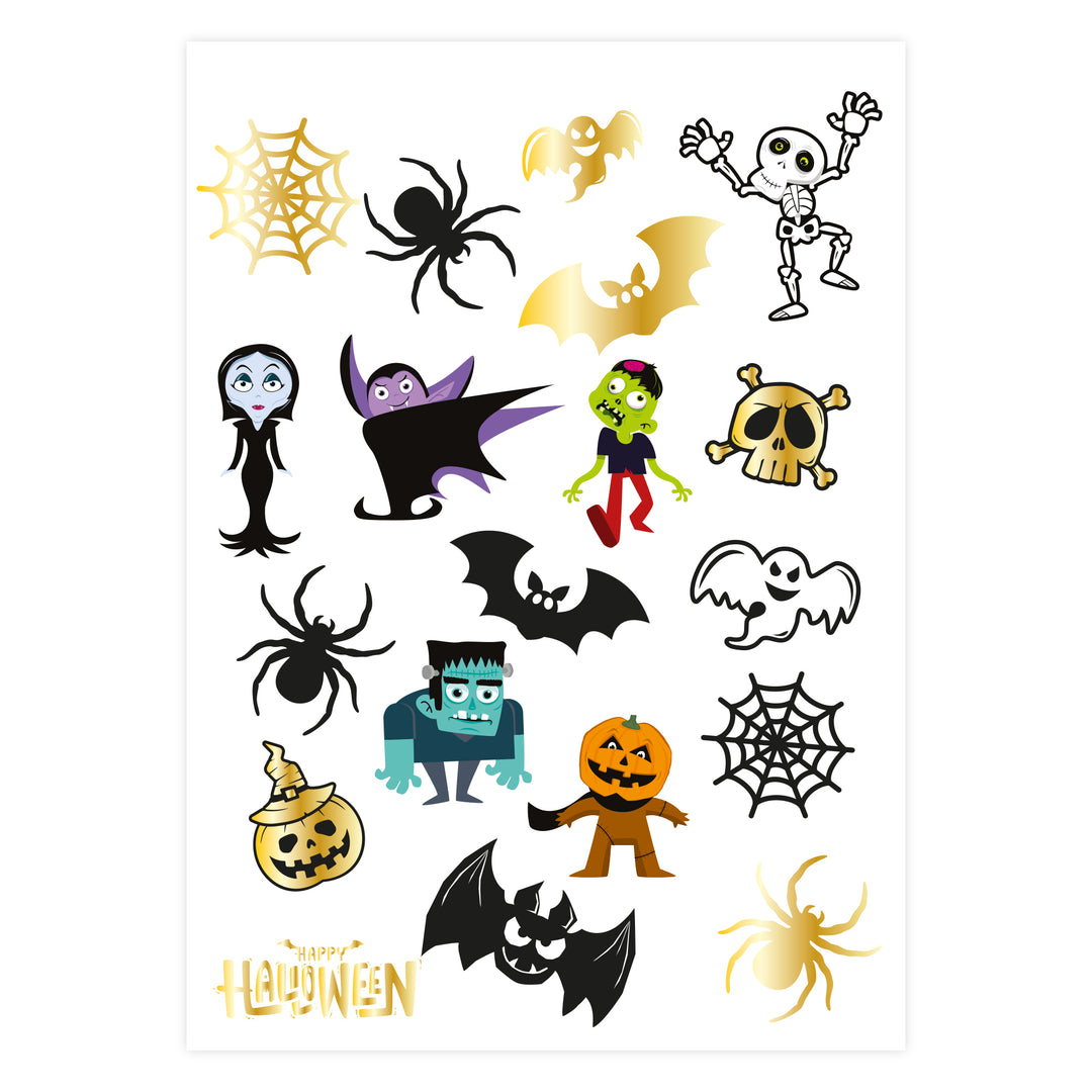Tatuaże zmywalne Halloween Monsters 19szt., kolorowe, czarne i złote