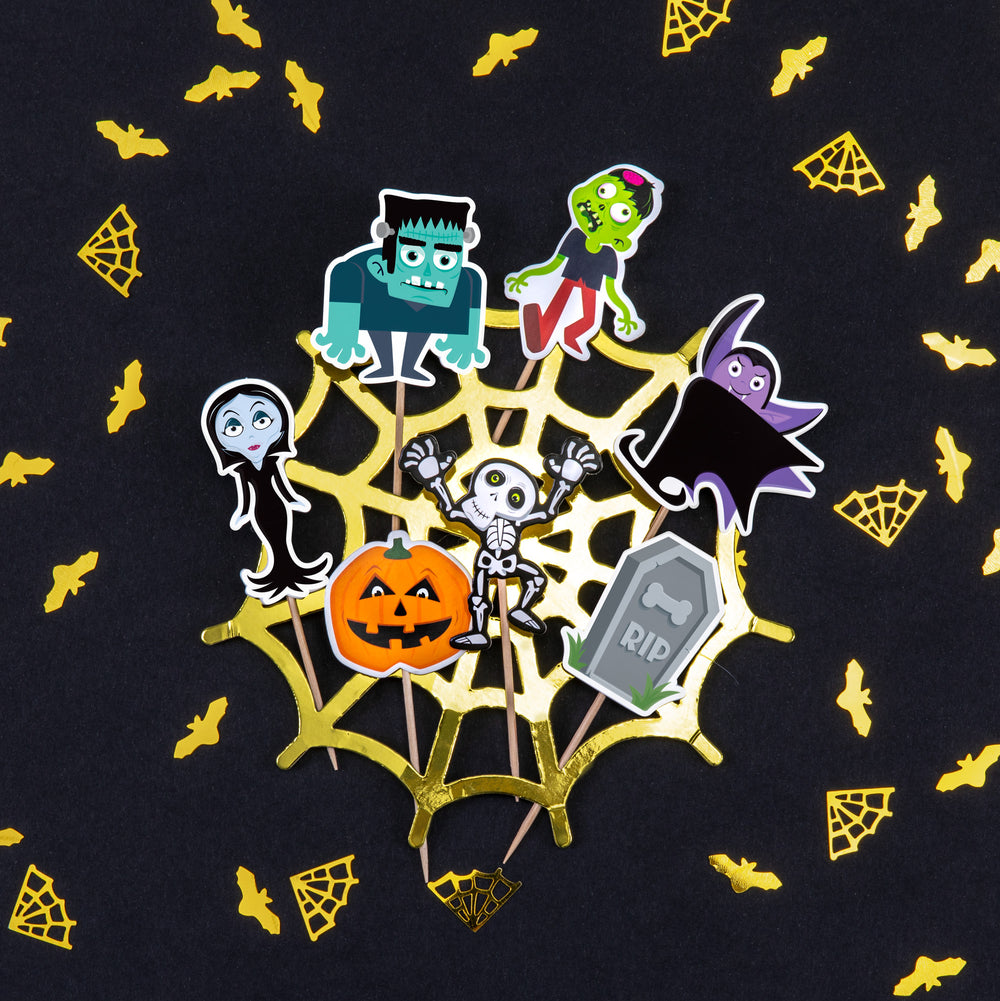 Toppery na tort z podobiznami wampirzycy, wampira, Frankenteina, zombie, dyni, kościotrupa i nagrobku.