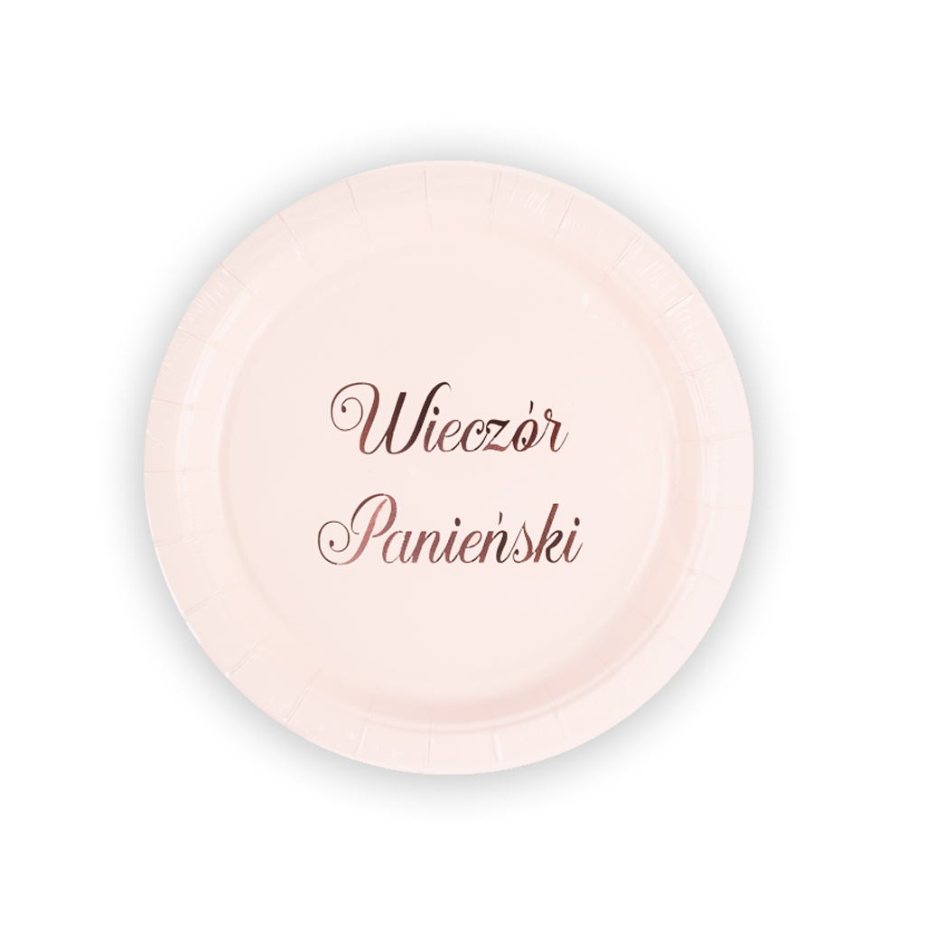 Różowy talerzyk papierowy z napisem Wieczór Panieński w kolorze rose gold