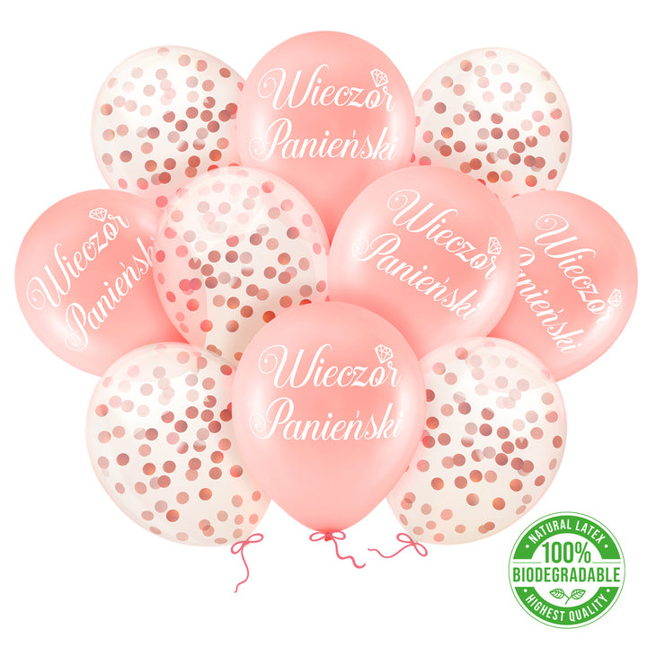 Balony biodegradowalne Wieczór Panieński rose gold z konfetti 12 cali 10 szt. zestaw