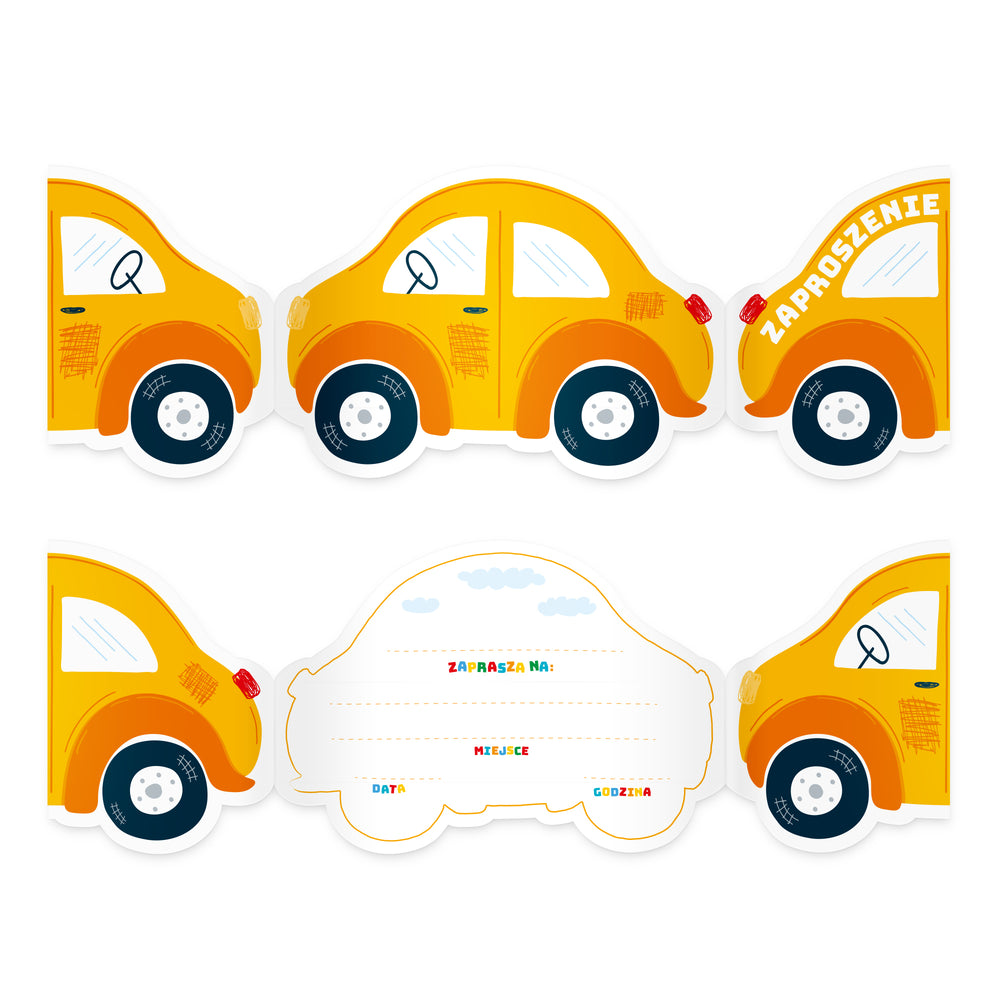 Rozłożone zaproszenie z kolekcji Auta - tył i przód
