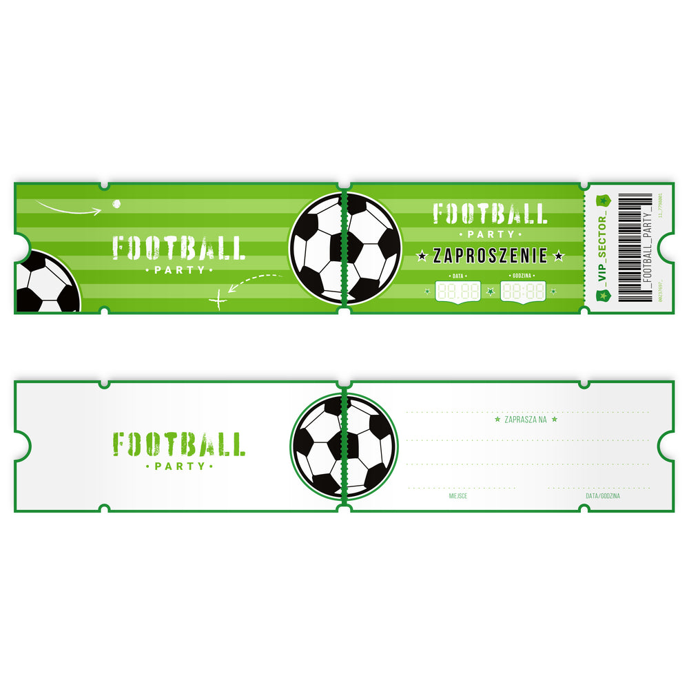 Zaproszenie na imprezę wyglądające jak bilet na mecz, strona zewnętrzna i wewnętrzna