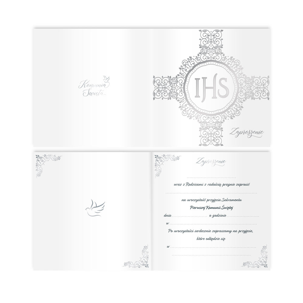 Zaproszenie na komunię biało-srebrne - 4 strony