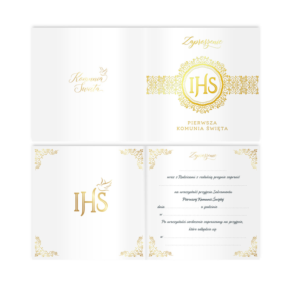 Zaproszenie na komunię biało-złote - 4 strony