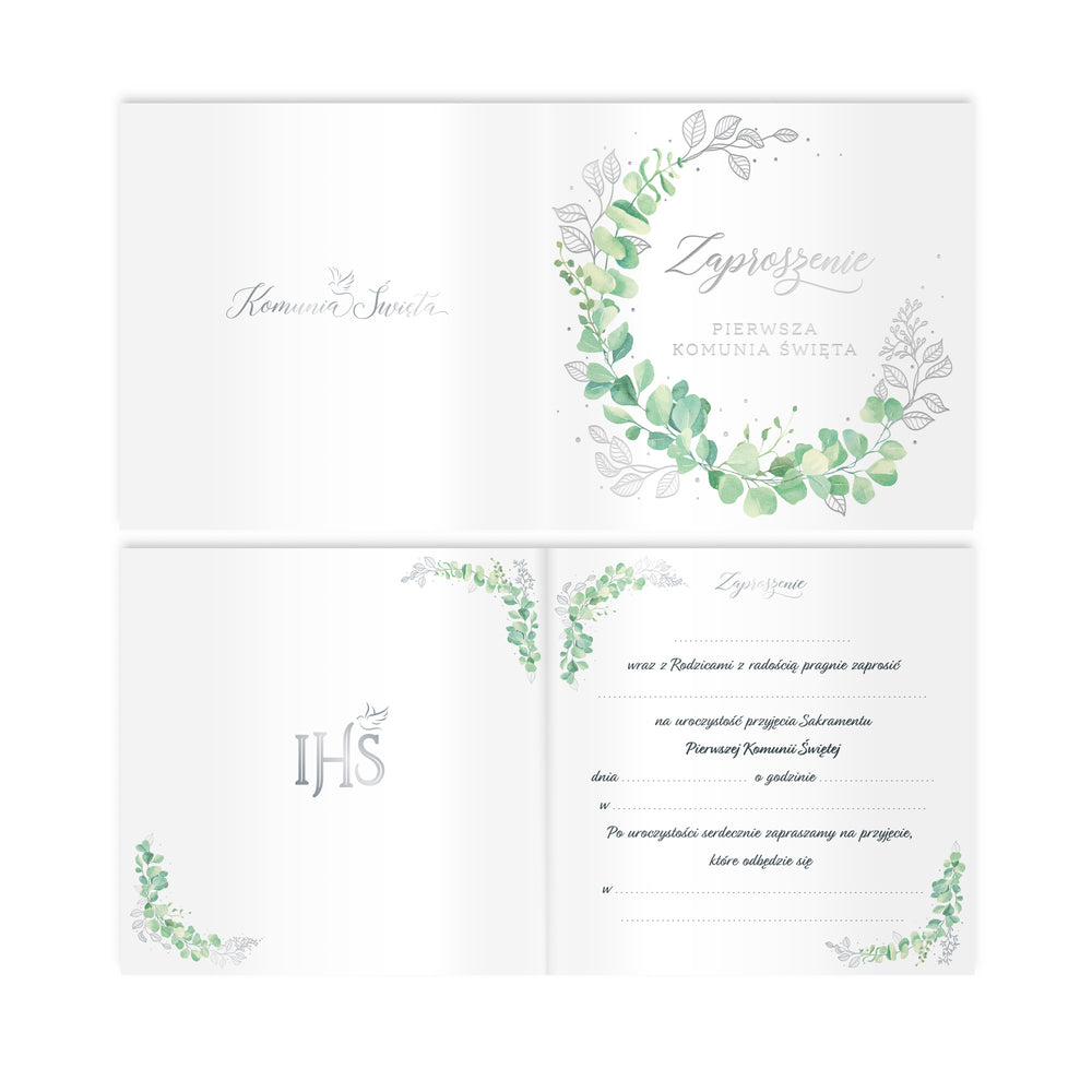 Zaproszenie na komunię z kolekcji Eukaliptus srebrny - 4 strony
