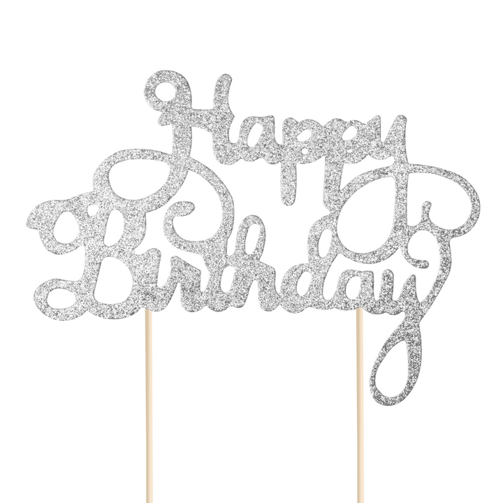 Topper na tort Happy Birthday brokatowy srebrny 1szt.