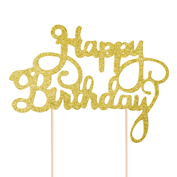 Topper na tort Happy Birthday brokatowy złoty 1szt.